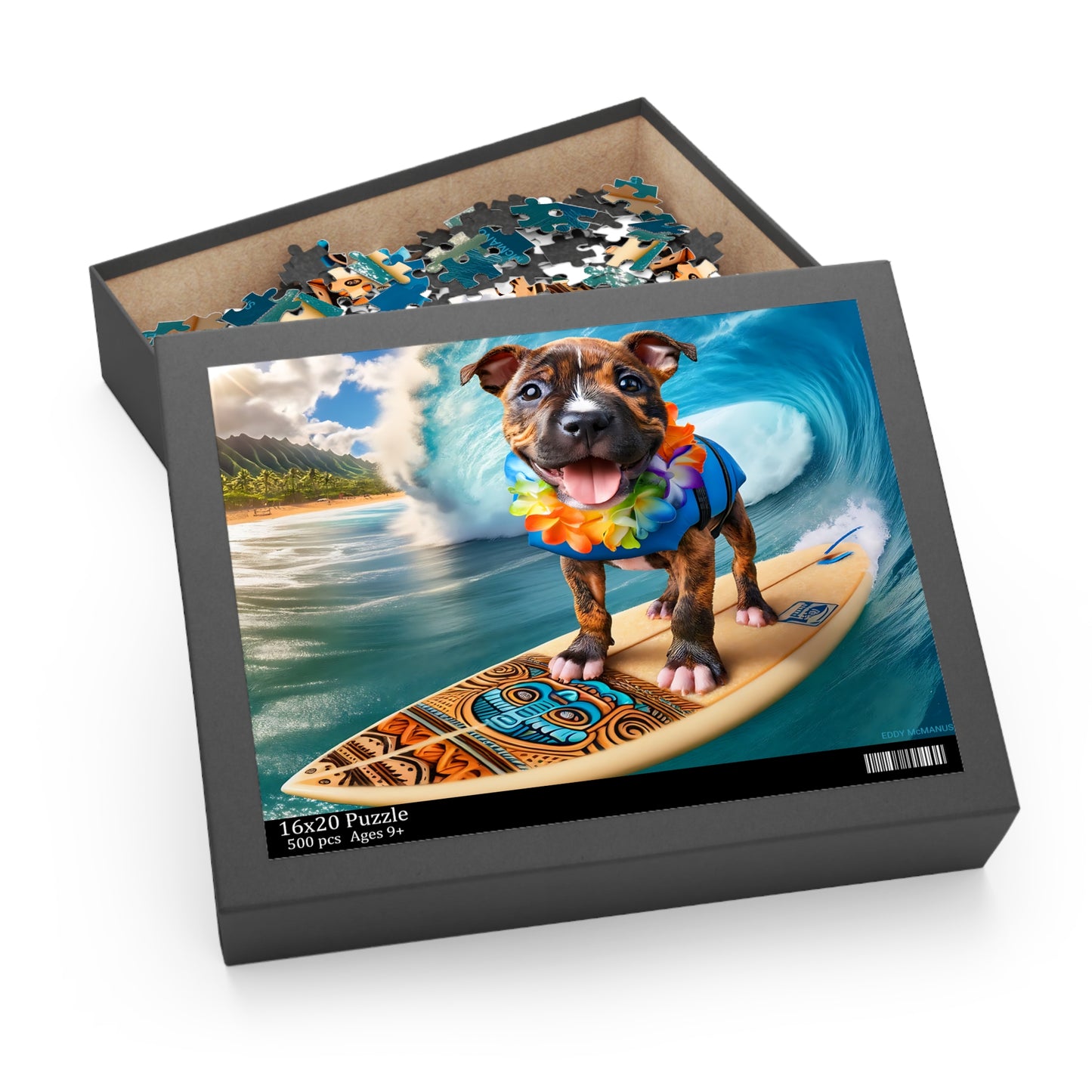 Surf Pups! Surfing Pit Bull Puppy Puzzle 12 - (120, 252, 500-Piece)