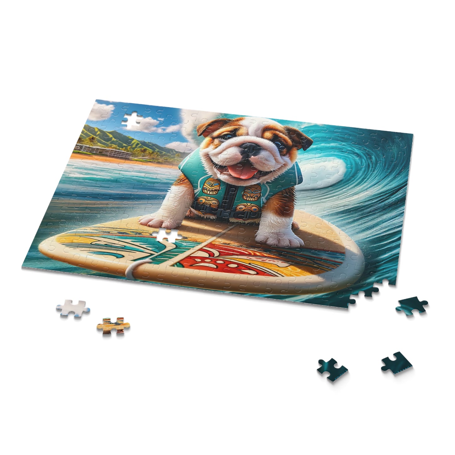 Surf Pups! Surfing English Bulldog Puppy Puzzle 9 - (120, 252, 500-Piece)