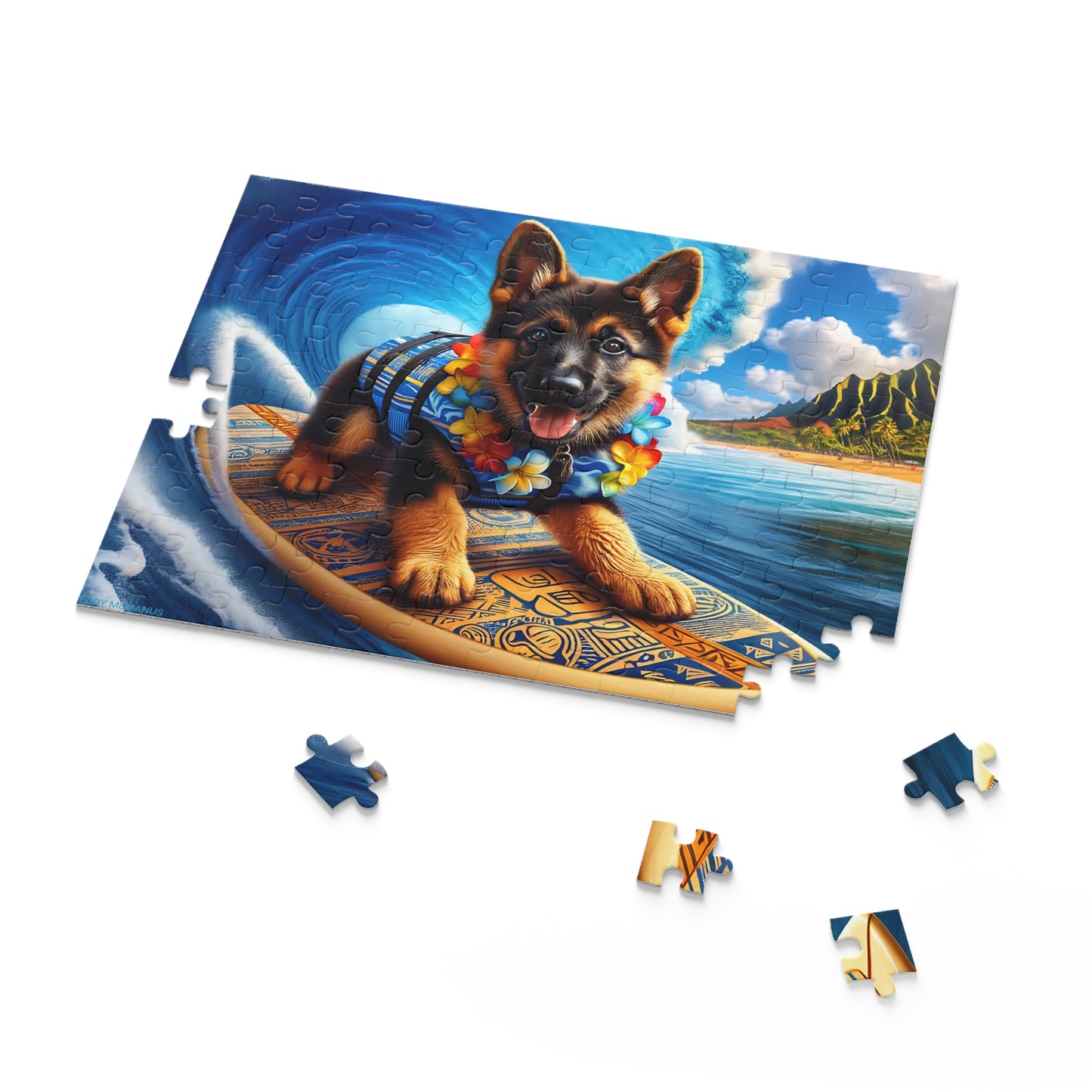 Surf Pups! Surfing German Shepherd Puppy Puzzle 10 - (120, 252, 500-Piece)