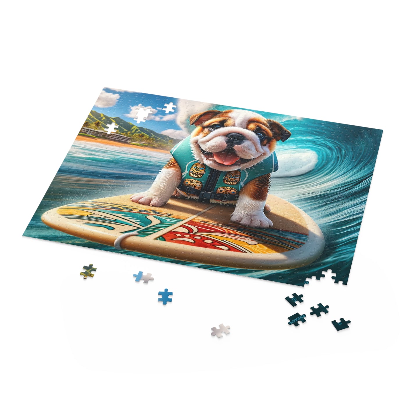 Surf Pups! Surfing English Bulldog Puppy Puzzle 9 - (120, 252, 500-Piece)