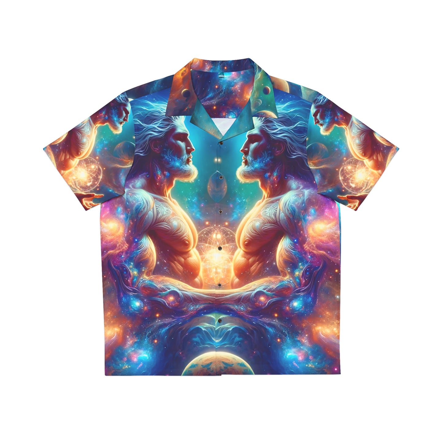 A multicolored t-shirt featuring a cosmic and celestial design with a male figure at the center, set against a starry background. The shirt has a notch lapel collar and a chest pocket.