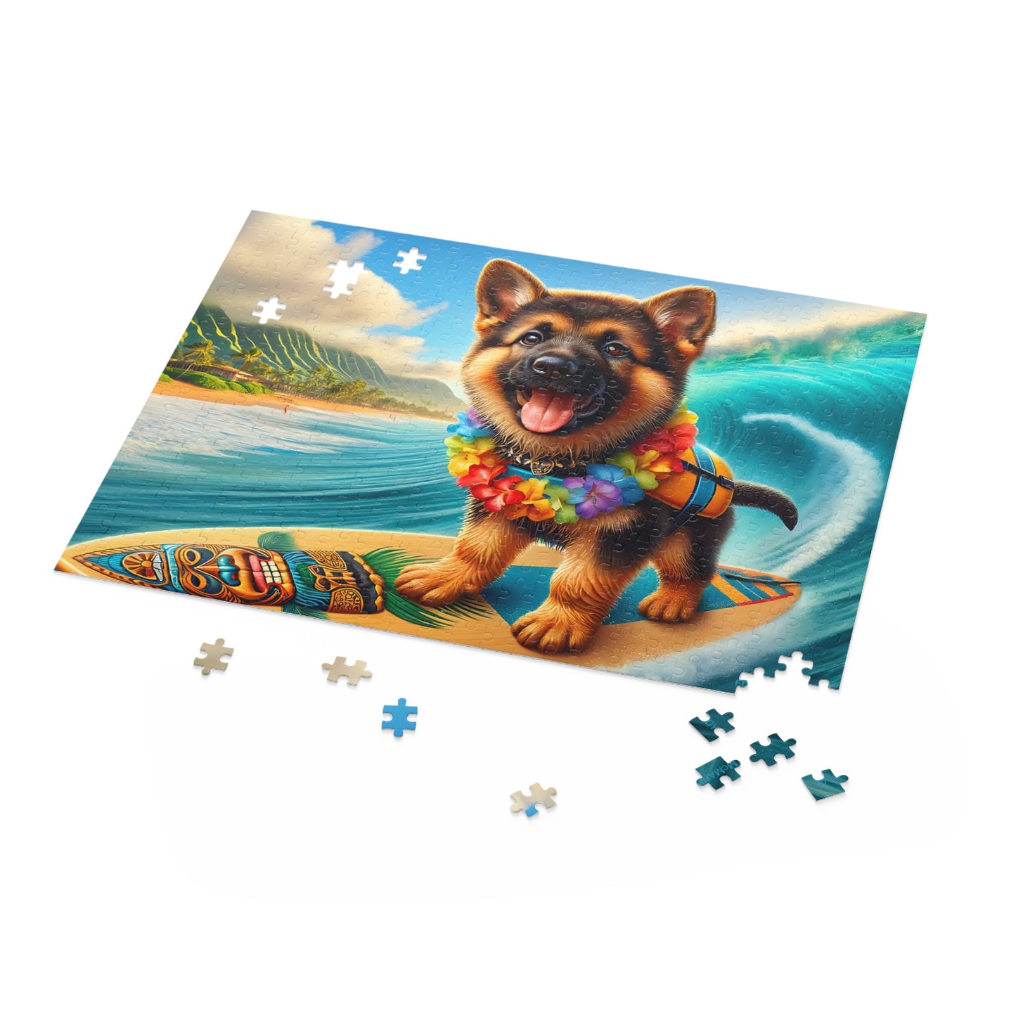 Surf Pups! Surfing German Shepherd Puppy Puzzle 12 - (120, 252, 500-Piece)