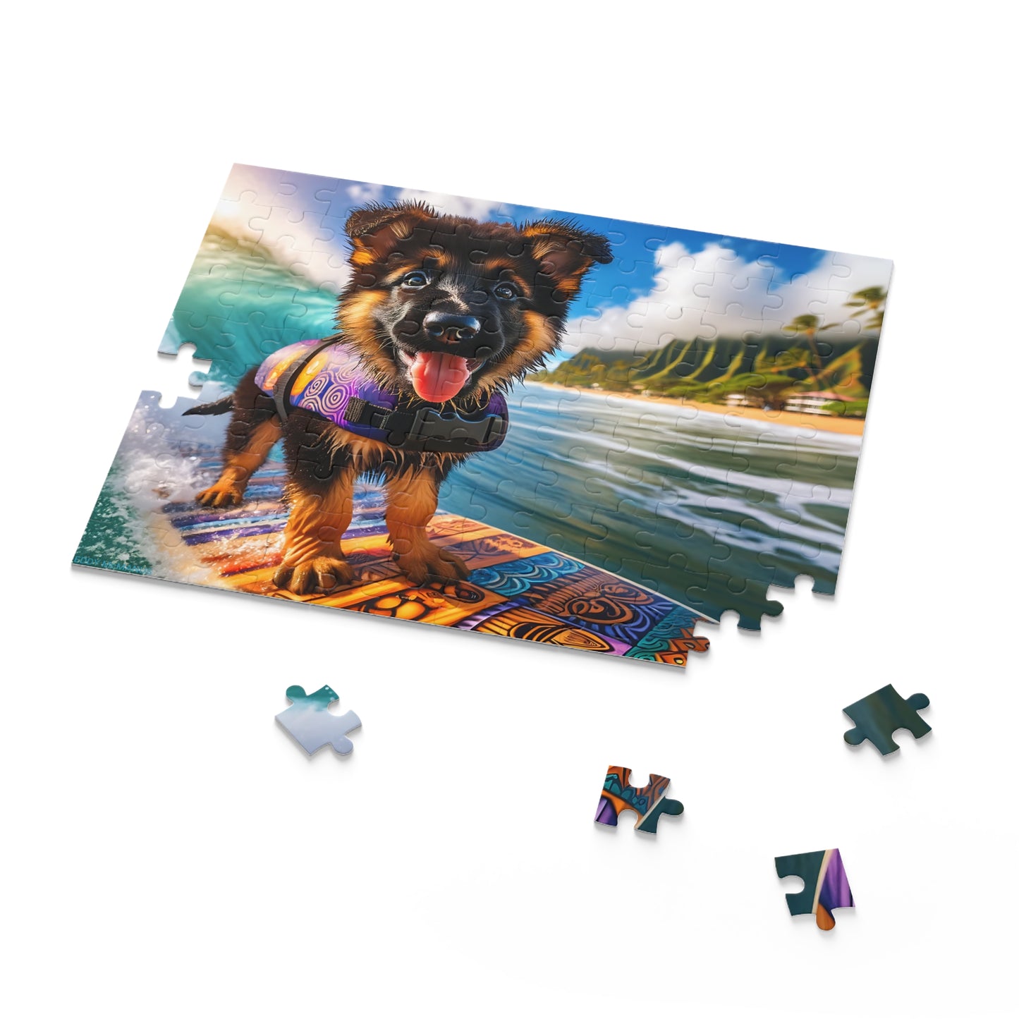 Surf Pups! Surfing German Shepherd Puppy Puzzle 9 - (120, 252, 500-Piece)