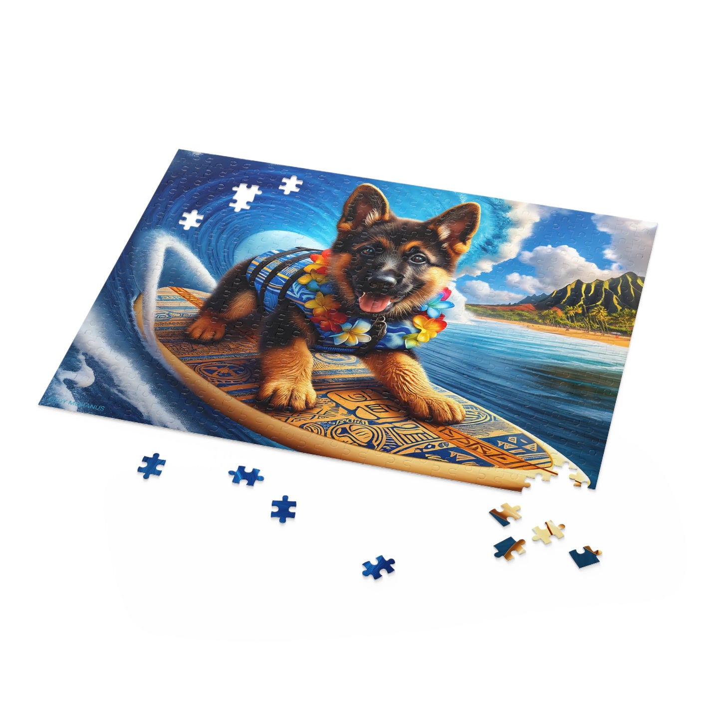 Surf Pups! Surfing German Shepherd Puppy Puzzle 10 - (120, 252, 500-Piece)