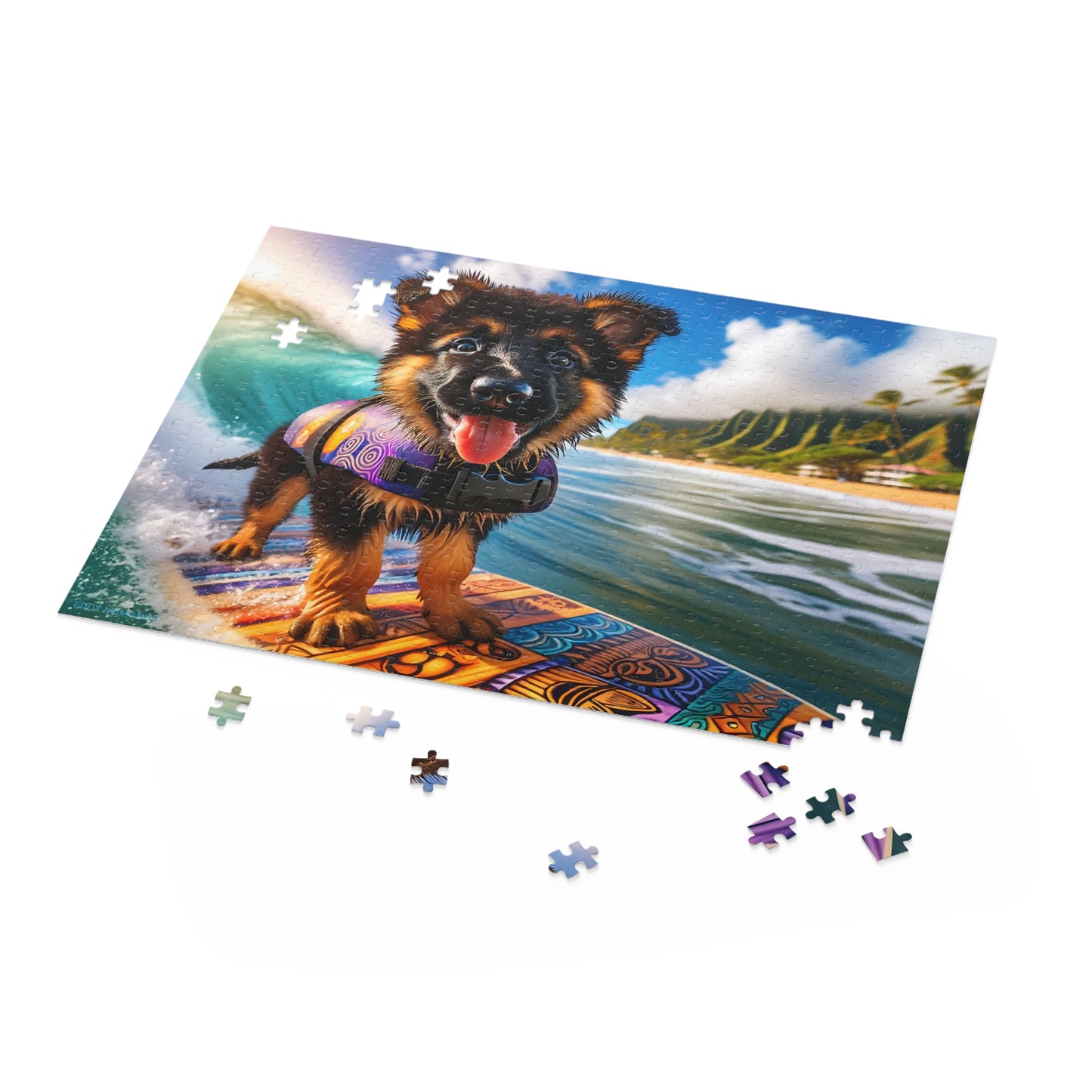 Surf Pups! Surfing German Shepherd Puppy Puzzle 9 - (120, 252, 500-Piece)