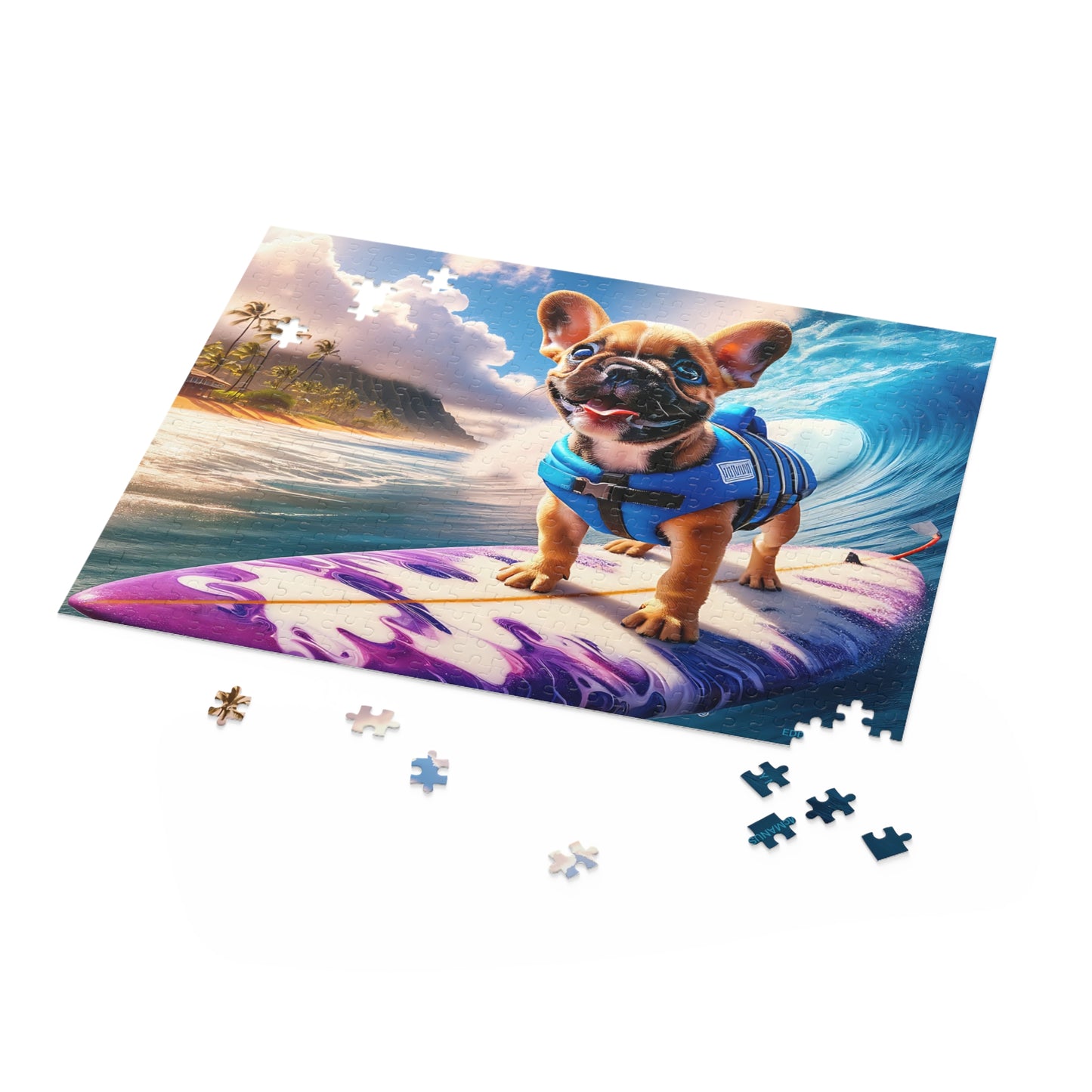 Surf Pups! Surfing French Bulldog Puppy Puzzle 12 - (120, 252, 500-Piece)