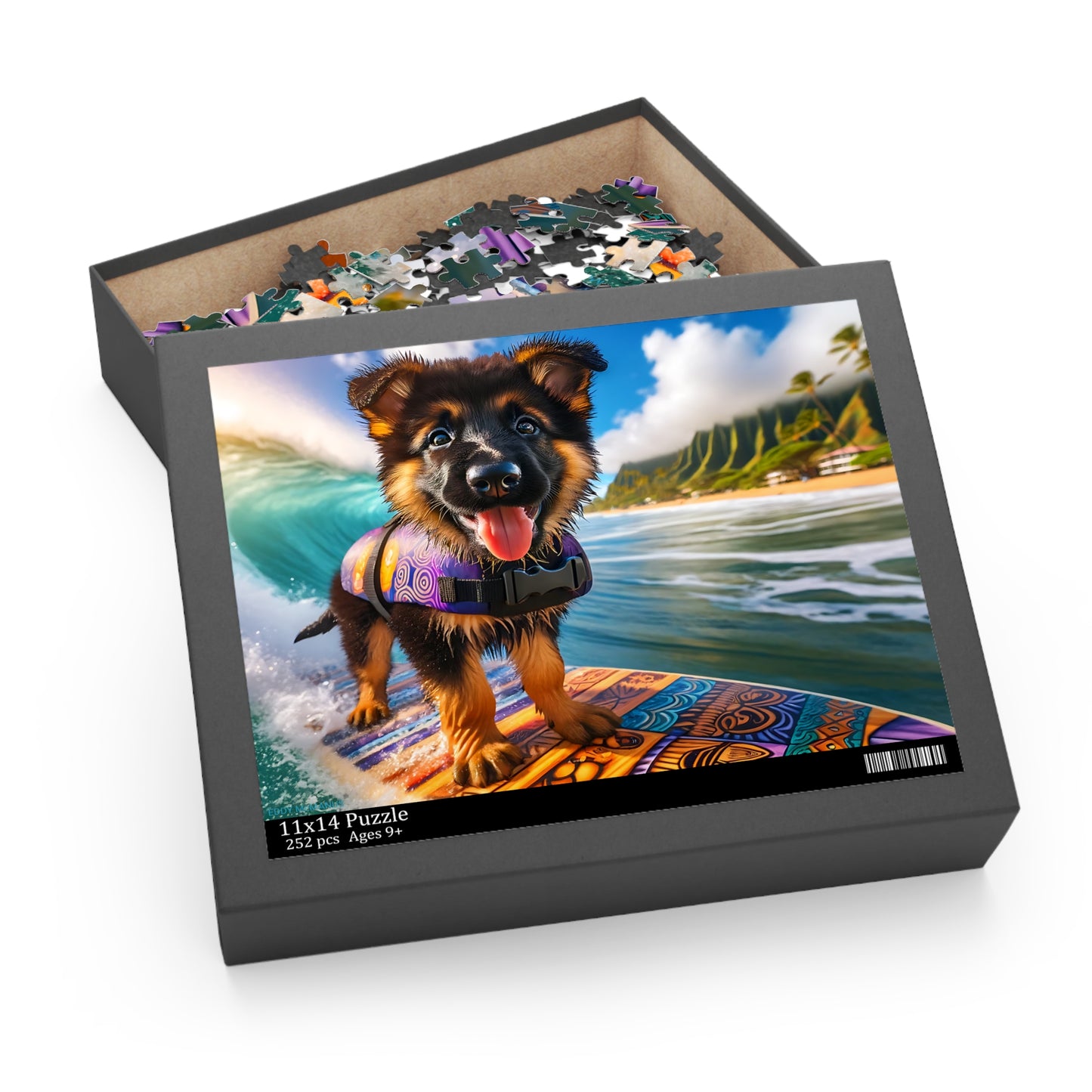 Surf Pups! Surfing German Shepherd Puppy Puzzle 9 - (120, 252, 500-Piece)