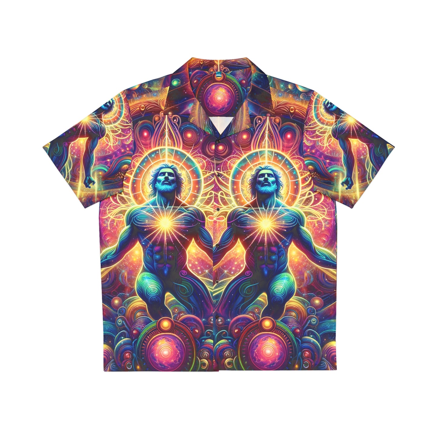 A colorful t-shirt featuring a vibrant and intricate cosmic and spiritual design with a figure embraced by orbs and celestial motifs.