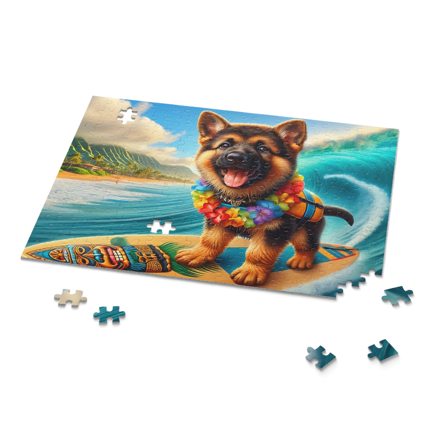 Surf Pups! Surfing German Shepherd Puppy Puzzle 12 - (120, 252, 500-Piece)