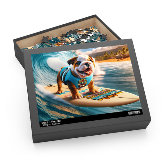Surf Pups! Surfing English Bulldog Puppy Puzzle 12 - (120, 252, 500-Piece)