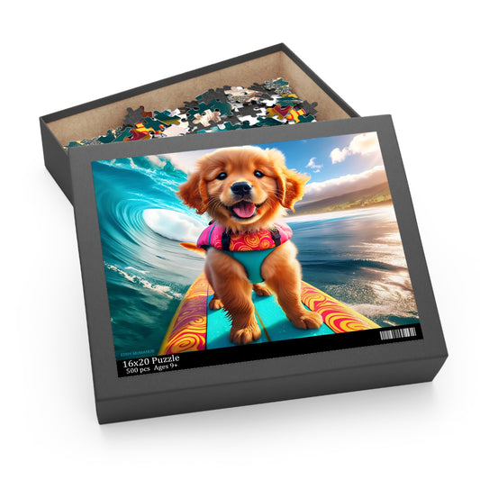 Surf Pups! Surfing Golden Retriever Puppy Puzzle 3 - (120, 252, 500-Piece)