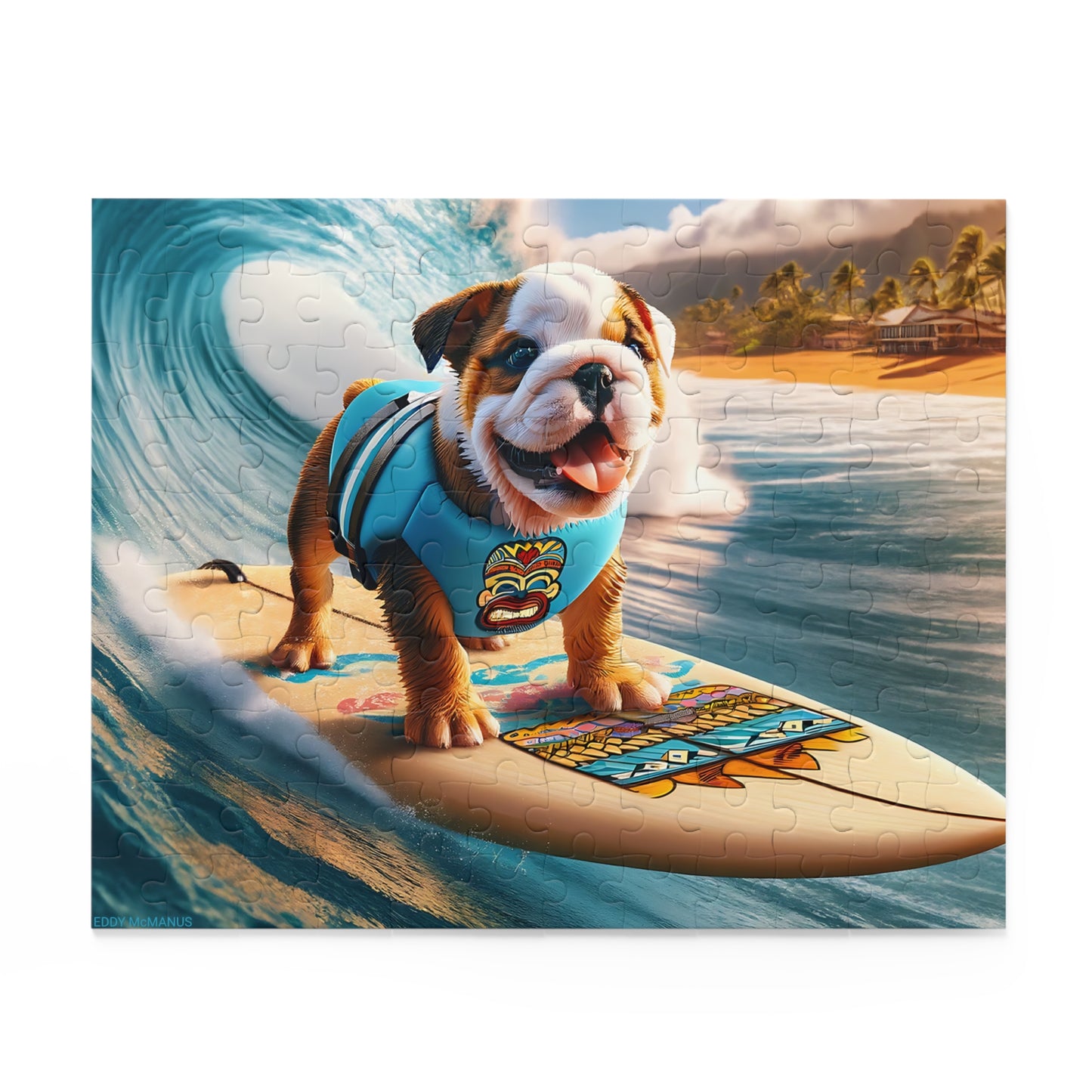 Surf Pups! Surfing English Bulldog Puppy Puzzle 12 - (120, 252, 500-Piece)