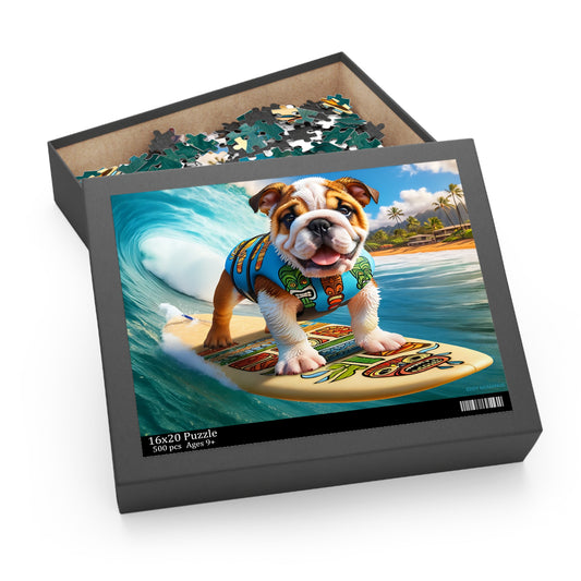 Surf Pups! Surfing English Bulldog Puppy Puzzle 1 - (120, 252, 500-Piece)