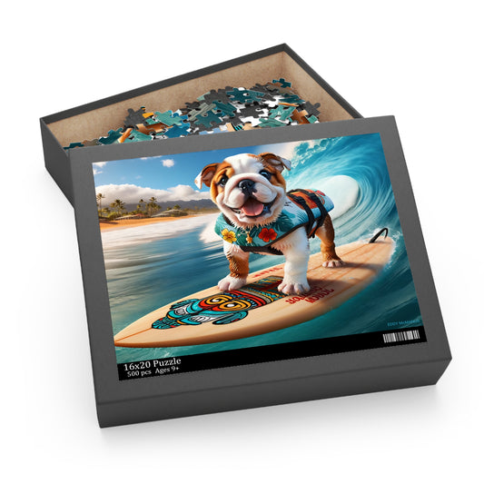 Surf Pups! Surfing English Bulldog Puppy Puzzle 5 - (120, 252, 500-Piece)