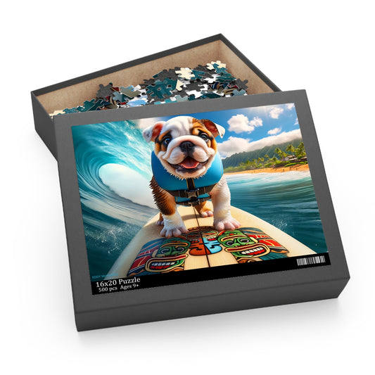 Surf Pups! Surfing English Bulldog Puppy Puzzle 3 - (120, 252, 500-Piece)