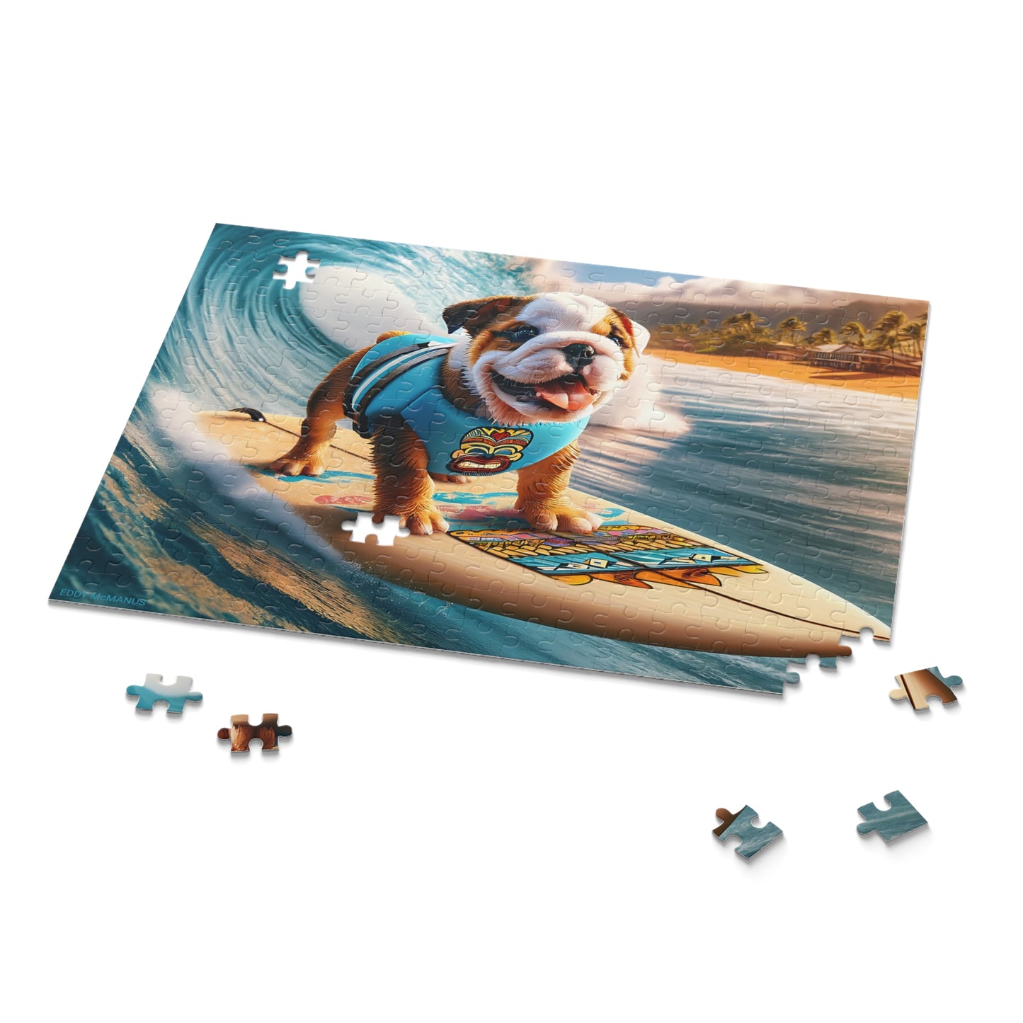 Surf Pups! Surfing English Bulldog Puppy Puzzle 12 - (120, 252, 500-Piece)