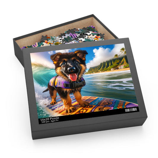 Surf Pups! Surfing German Shepherd Puppy Puzzle 9 - (120, 252, 500-Piece)