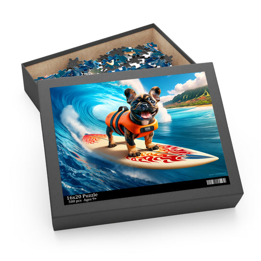Surf Pups! Surfing French Bulldog Puppy Puzzle 3 - (120, 252, 500-Piece)