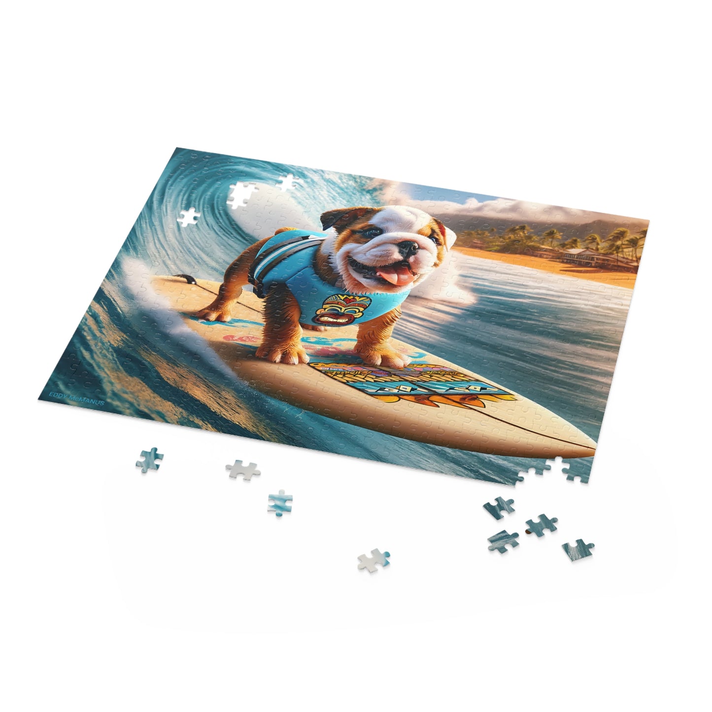 Surf Pups! Surfing English Bulldog Puppy Puzzle 12 - (120, 252, 500-Piece)