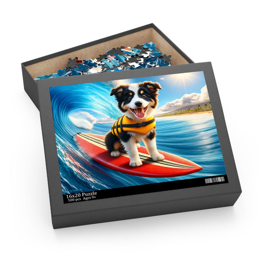 Surf Pups! Surfing Border Collie Puppy Puzzle 7 - (120, 252, 500-Piece)