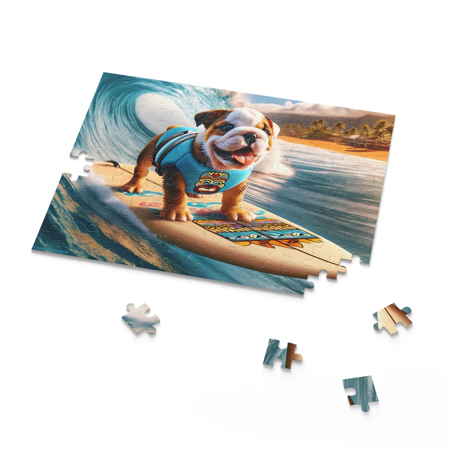 Surf Pups! Surfing English Bulldog Puppy Puzzle 12 - (120, 252, 500-Piece)