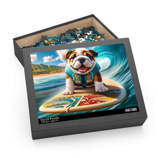 Surf Pups! Surfing English Bulldog Puppy Puzzle 9 - (120, 252, 500-Piece)