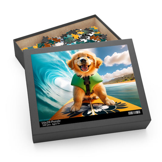 Surf Pups! Surfing Golden Retriever Puppy Puzzle 12 - (120, 252, 500-Piece)