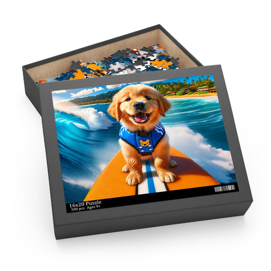 Surf Pups! Surfing Golden Retriever Puppy Puzzle 10 - (120, 252, 500-Piece)