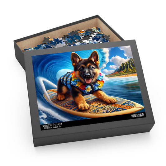 Surf Pups! Surfing German Shepherd Puppy Puzzle 10 - (120, 252, 500-Piece)