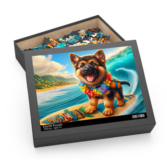 Surf Pups! Surfing German Shepherd Puppy Puzzle 12 - (120, 252, 500-Piece)