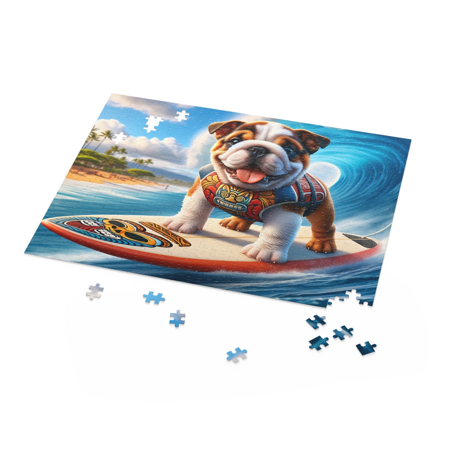 Surf Pups! Surfing English Bulldog Puppy Puzzle 10 - (120, 252, 500-Piece)