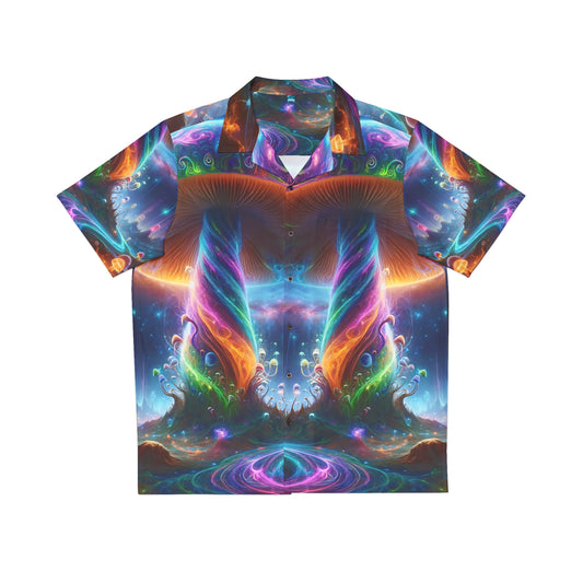 A multicolored t-shirt with an abstract design featuring glowing mushrooms and stars against a dark background.