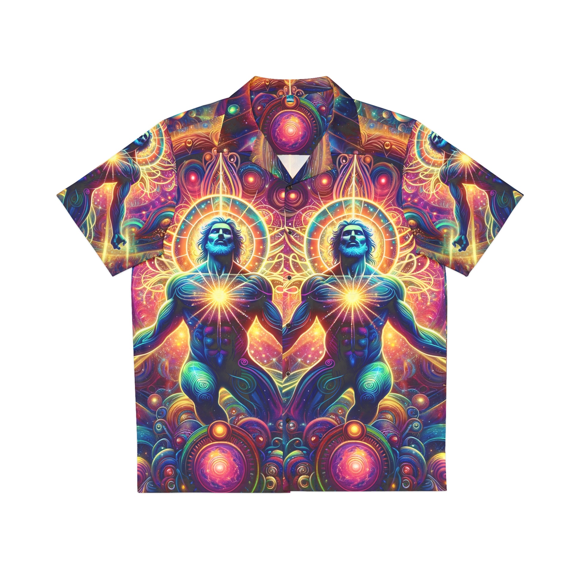 A colorful t-shirt featuring a vibrant and intricate cosmic and spiritual design with a figure embraced by orbs and celestial motifs.