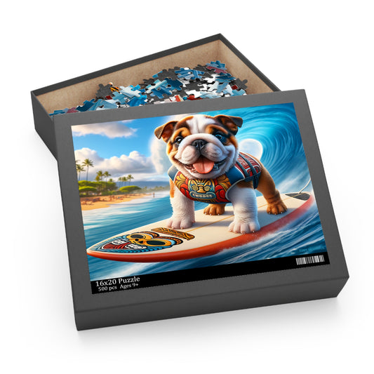 Surf Pups! Surfing English Bulldog Puppy Puzzle 10 - (120, 252, 500-Piece)