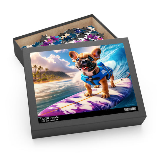 Surf Pups! Surfing French Bulldog Puppy Puzzle 12 - (120, 252, 500-Piece)